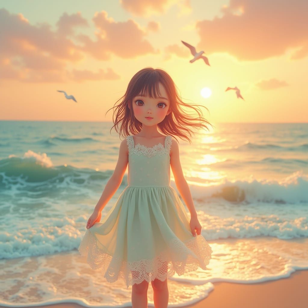 Serene Girl Stands on Coastal Sunset in Whimsical Style