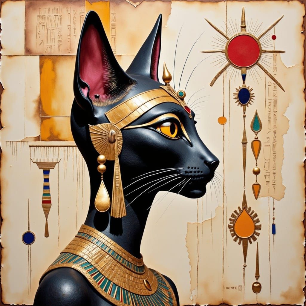 Side view, Egyptian Goddess Bastet,full length human female with the head of a cat. painting and collage, hybrid image, oil paint and textur...