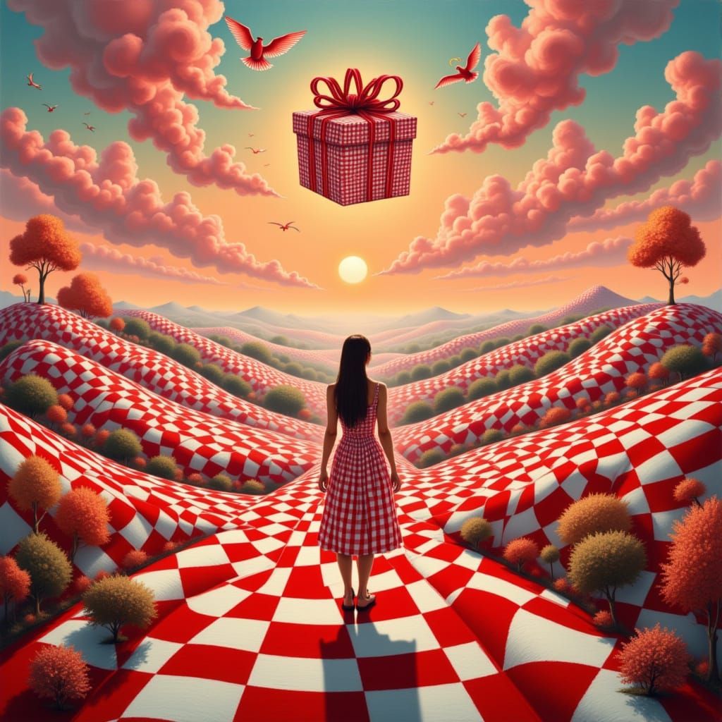 <lora:Gingham World:1.0> A surreal dreamscape with red and white gingham covering hills, curtains blowing from the sky, gingham tablecloths...