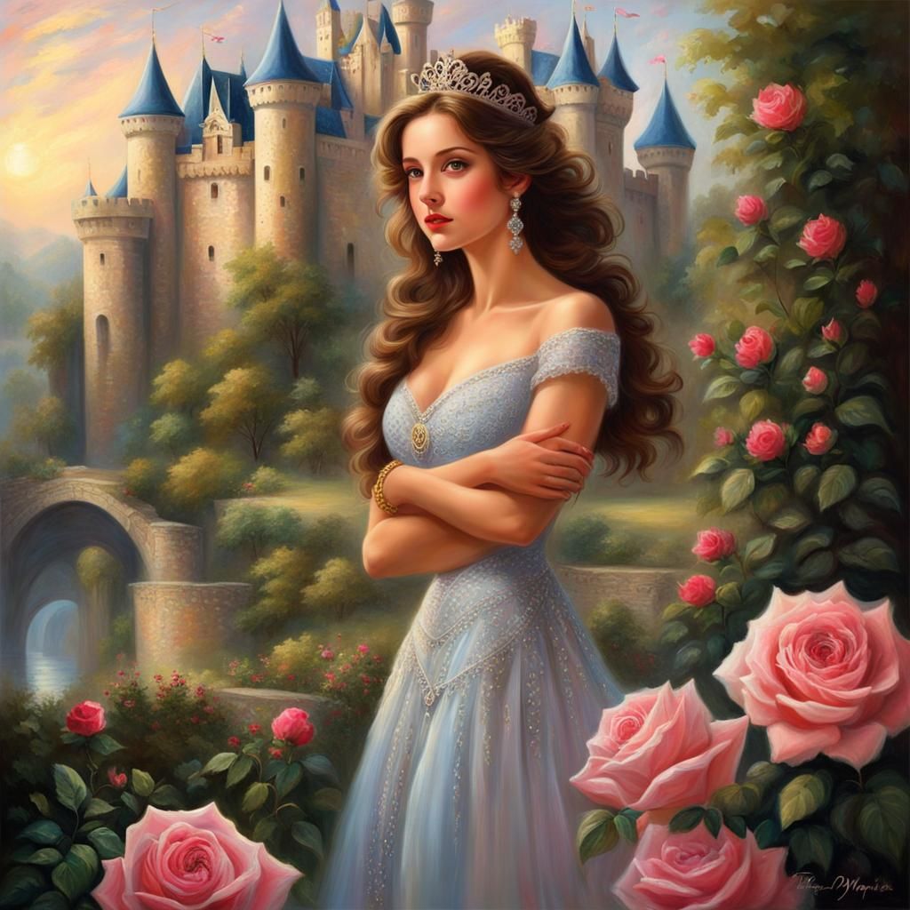 a painting of a woman standing in front of a castle, digital...