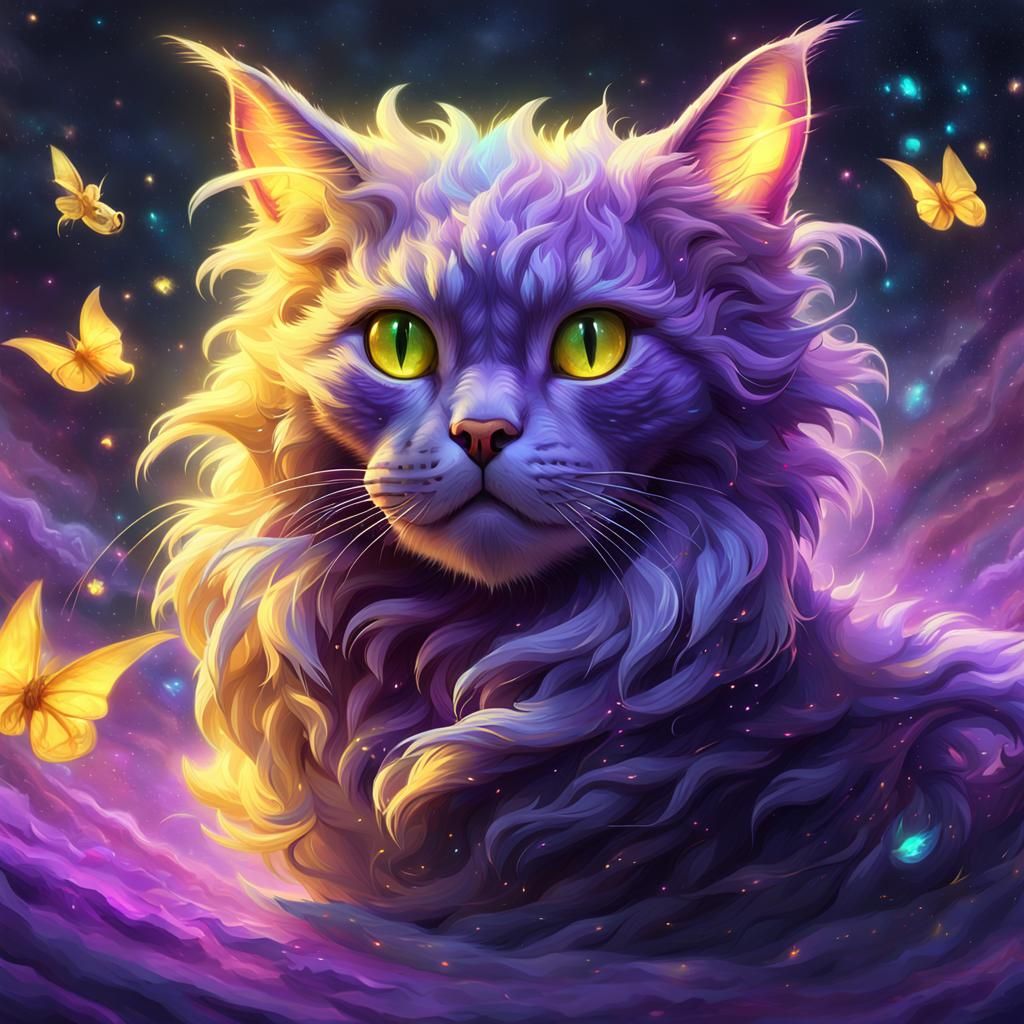 Hyper realistic cute fluffy yellow and purple Dragon Cat in ...
