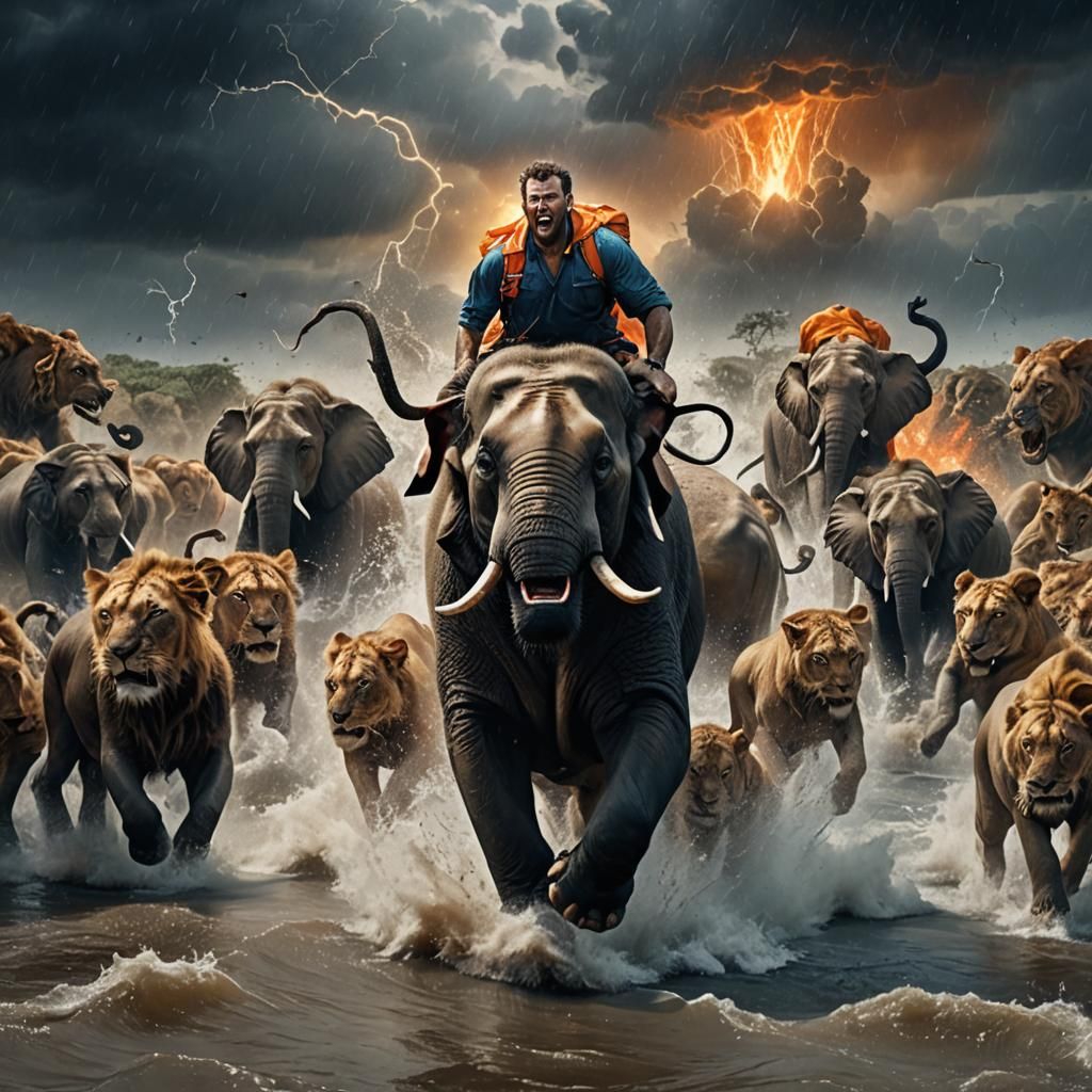 Elephant Escape from Lions in Stormy Weather