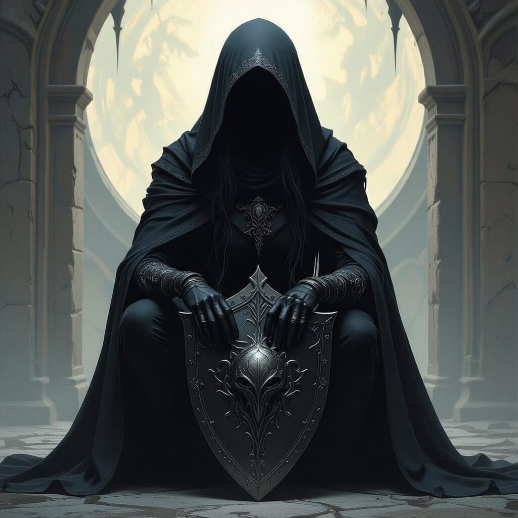 An eldritch elven female sorcerer completely cowled and all in black, seen from the front, with a shield propped against her knee.
