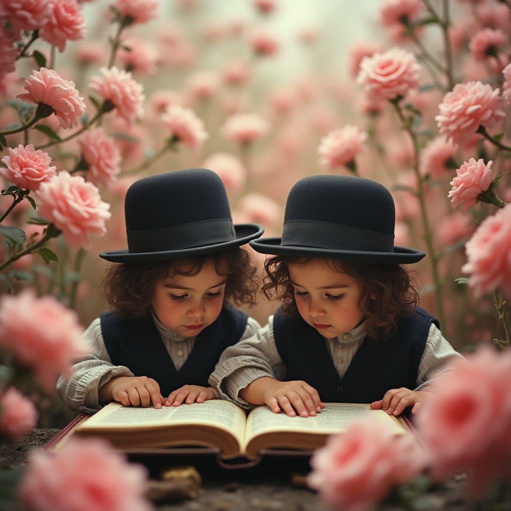 Hasidic Children Studying Amongst Pink Flowers, in Cinematic...