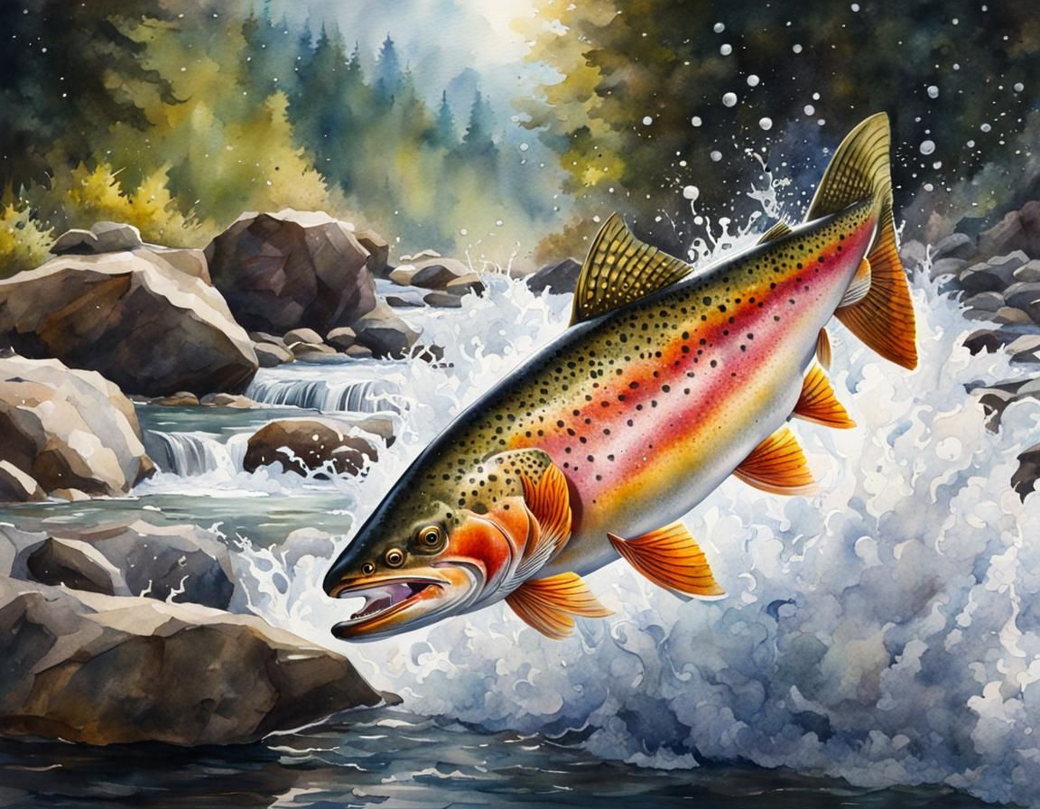 Trout splashing in a rushing water. dreamy watercolor. detailed matte ...