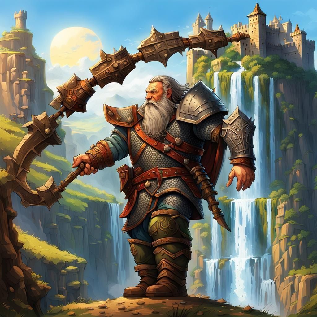 A stunning scene of dwarven warrior swinging his spiked flail upon an ...