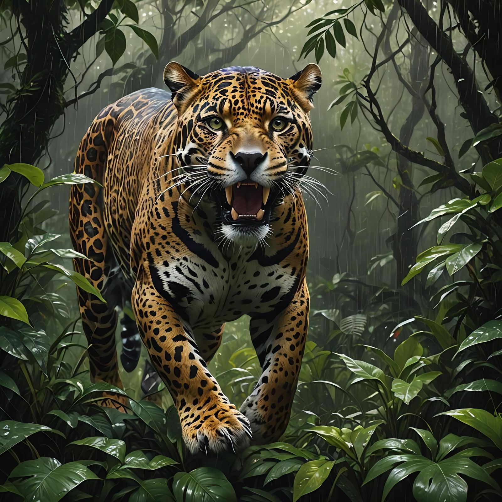 A jaguar, mouth open with visible teeth stealthily stalks prey. The scene is dark, storming falling rain ...  by @MoonDawwwg