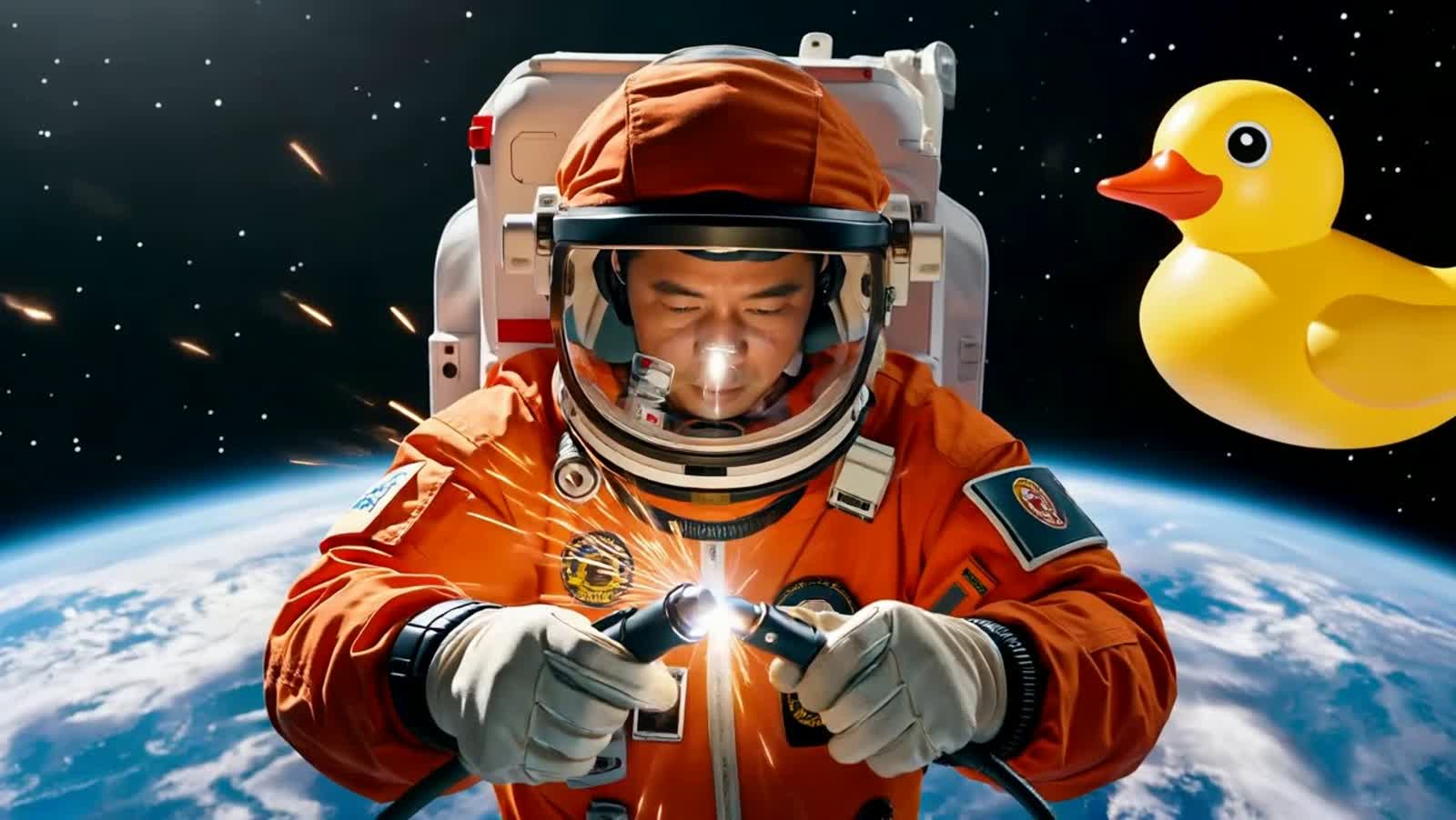 an extreme close-up of an orange astronaut welding on the outside of the spacecraft, while a massively huge rubber duck ...