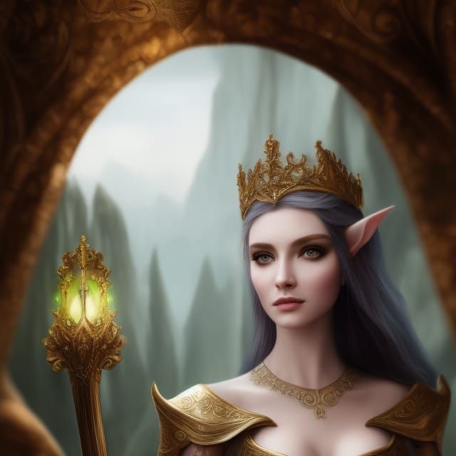 Princess, elven, curvaceous, brunette, green eyes, crown, di...