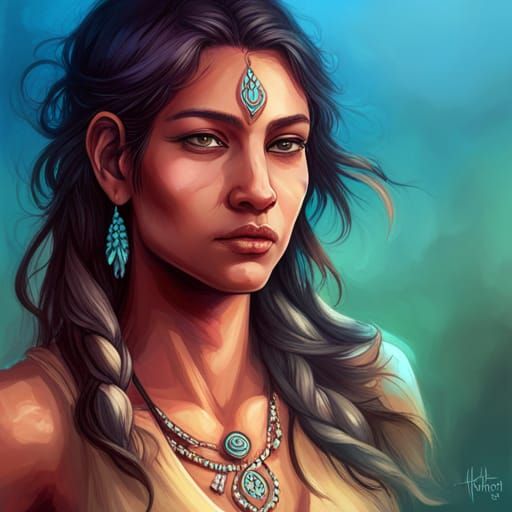 indian beautiful tribal girl, bright eyes, detailed hair,