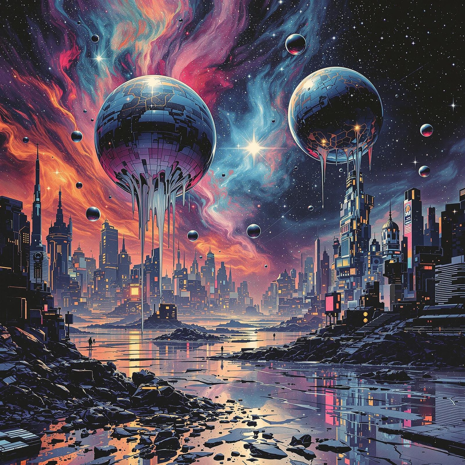 Surreal Galaxy with Chrome Planets in Retro-Futuristic Style