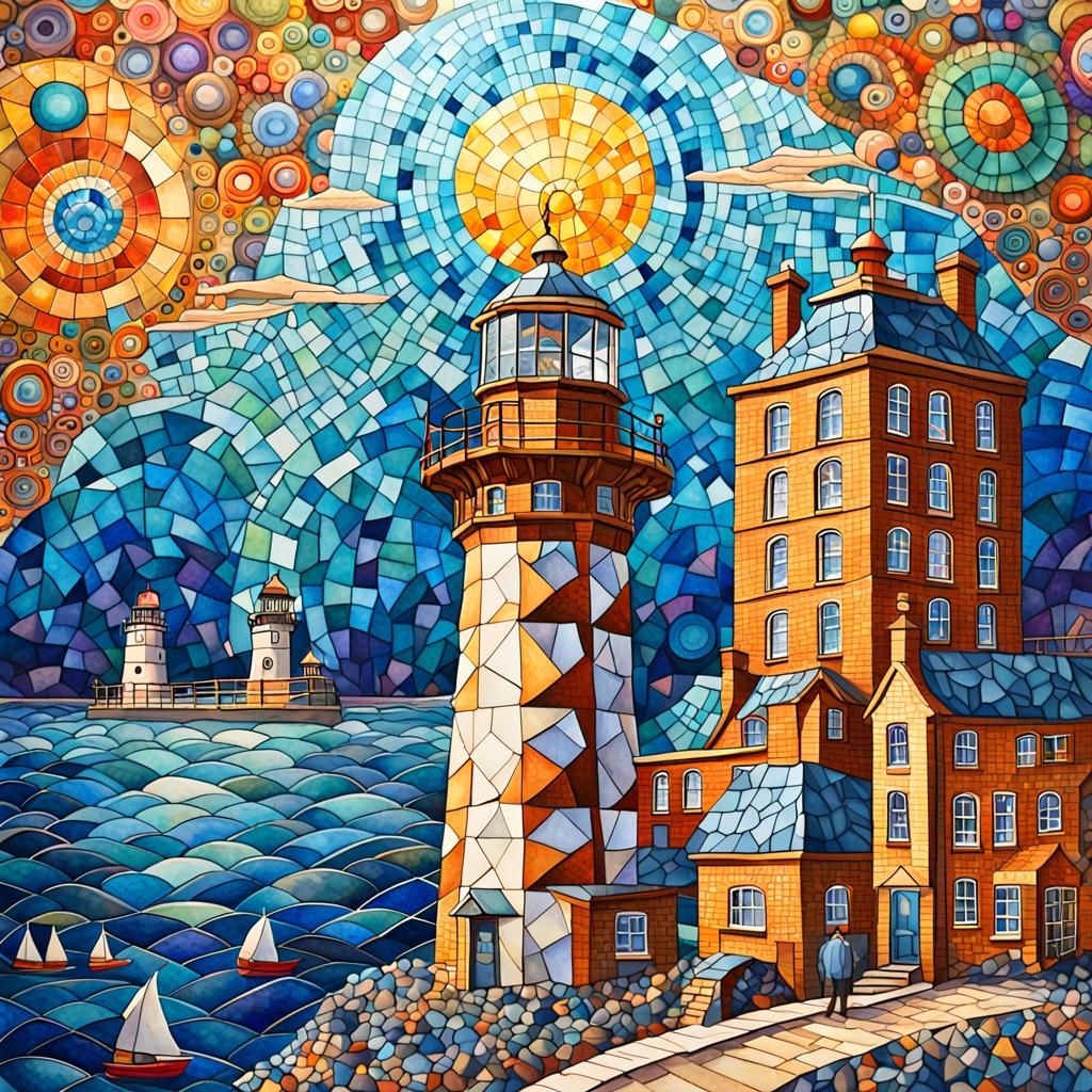 Mosaic city harbor with lighthouse..