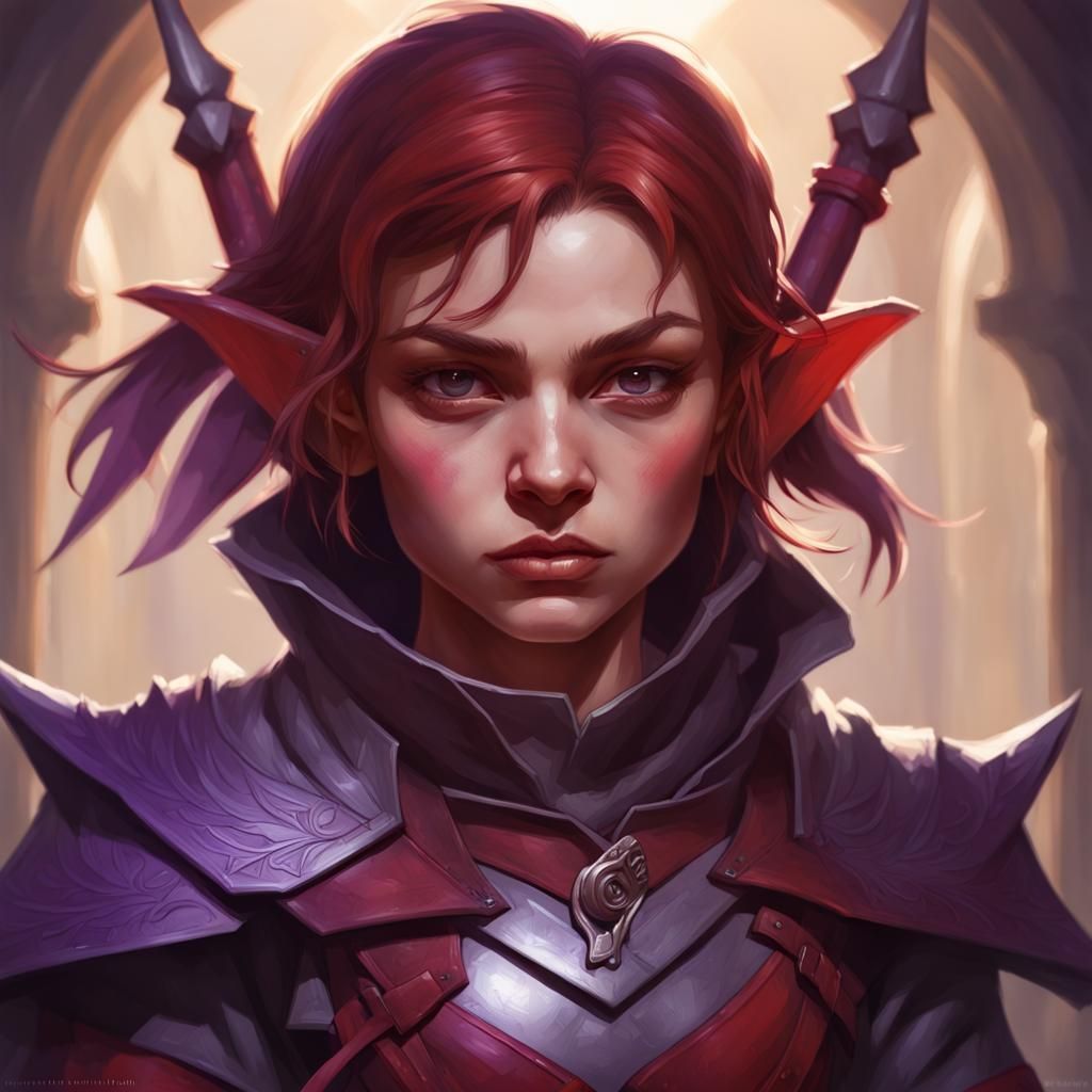 Halfling rouge assassin with purple daggers in each hand hidden in the ...