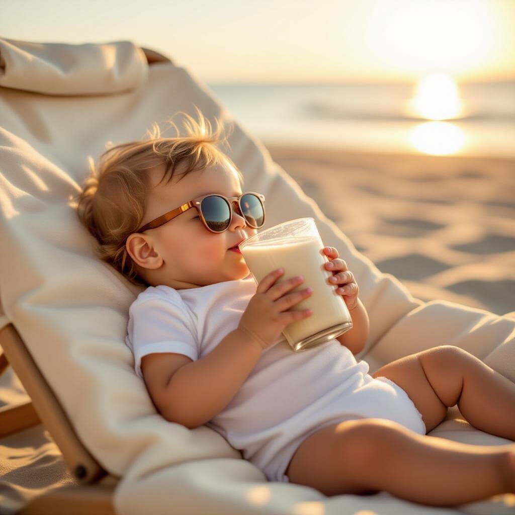 Baby Enjoys Beach Tanning With Drink