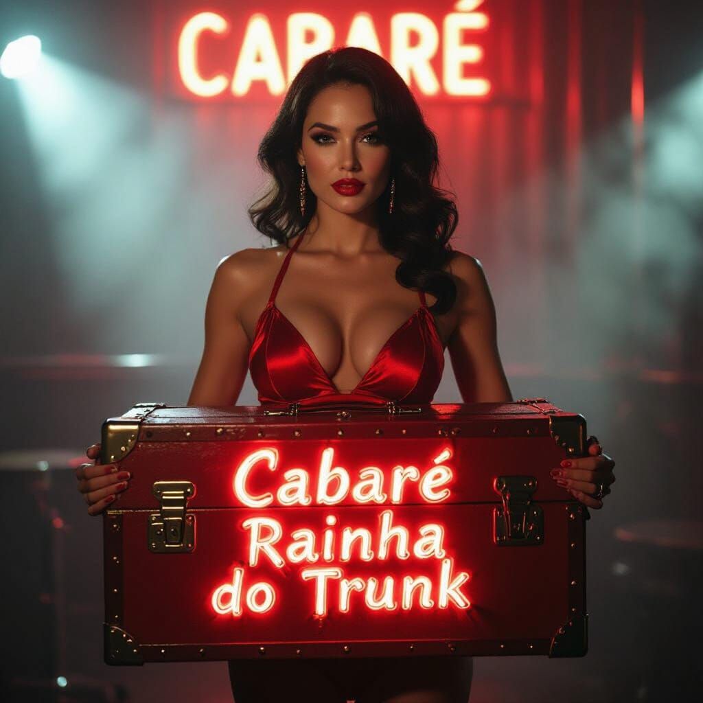 Place this woman in the image holding a trunk with the phrase "Cabaré Rainha do Trunk" in neon red font. Dressed in red sensual clothing, a ...