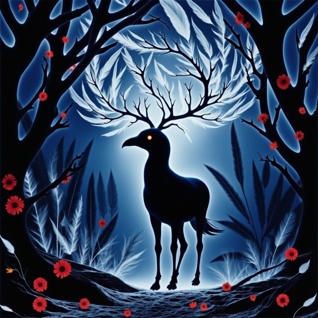 <lora:RBW:1.0> Photgram rayograph, feathers, , branches and flowers in  in red, black and white