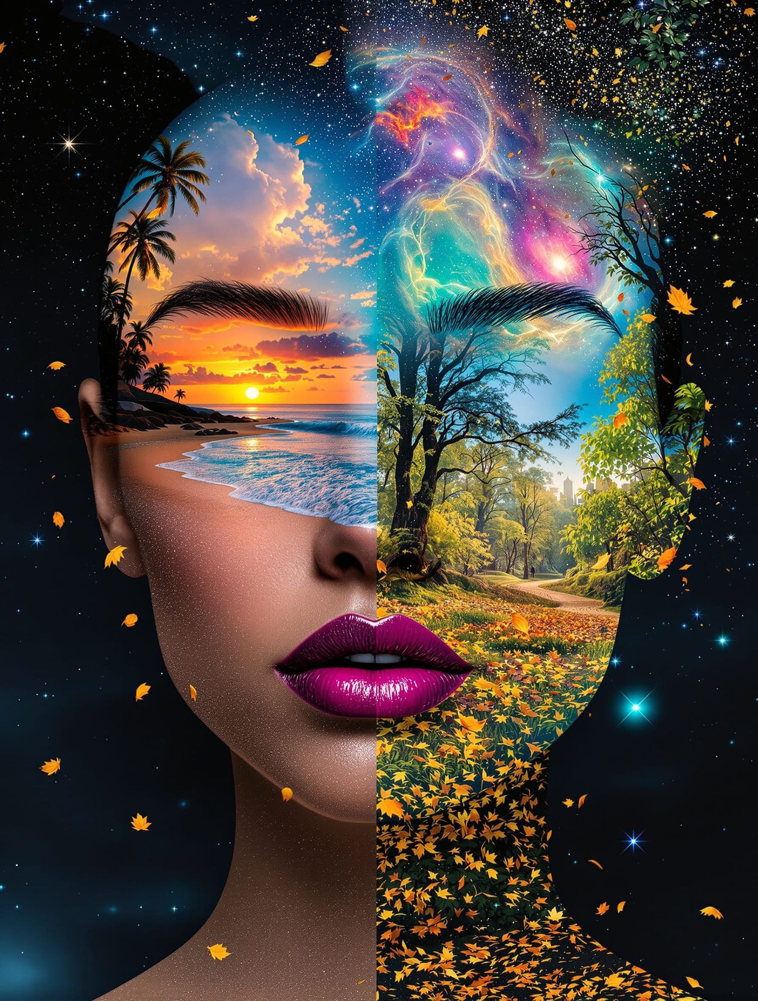 Face portrait collage of four different scenes. The top left shows a serene beach sunset with palm trees and clouds. The top right features ...