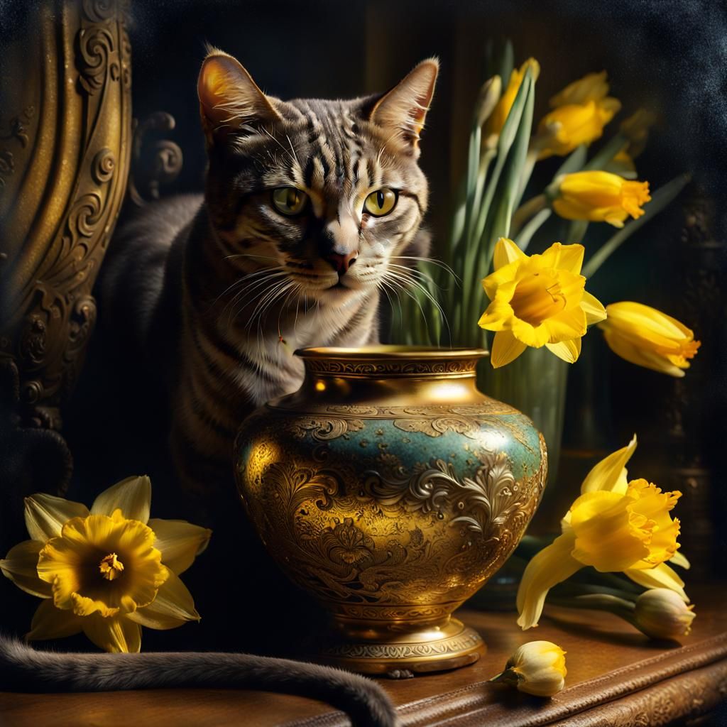 Whimsical Cat with Elongated Tail in Moonlit Room