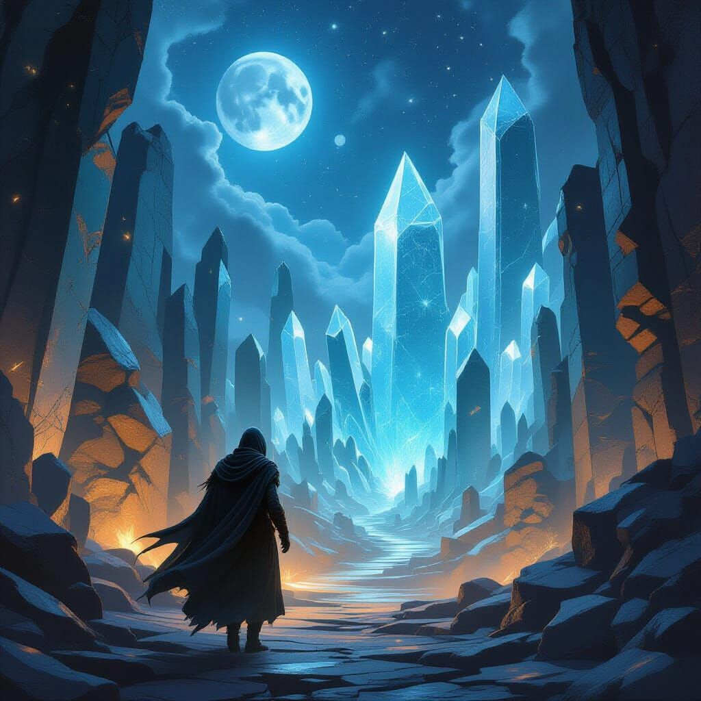 A traveler, cloaked and weary, navigates a labyrinth of crystalline structures under a sky filled with twin moons. The air crackles with lat...