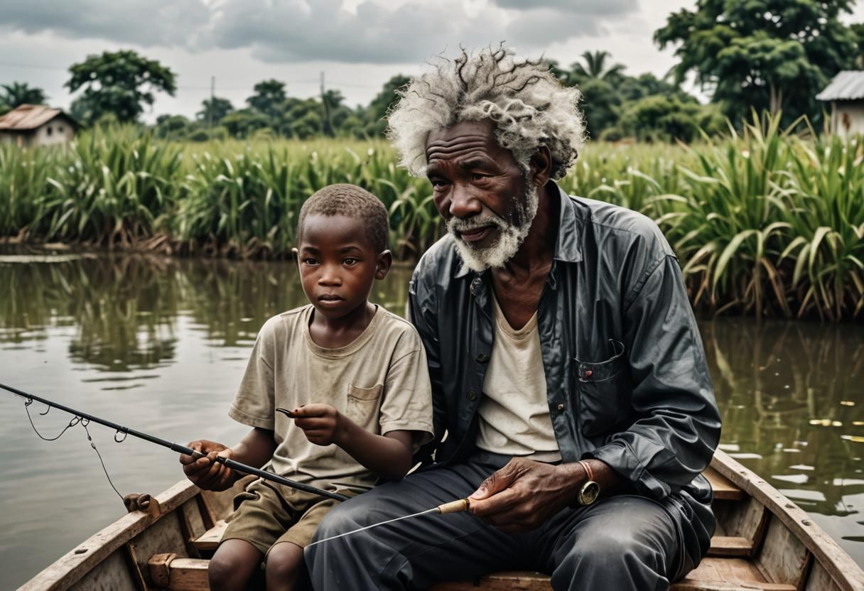 Fisherman teaches his grandson how to fish  by @Hartmut