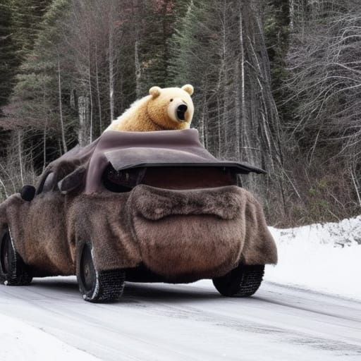 largefluffybearlookingmotorcarbooniecrashinginwinterforest