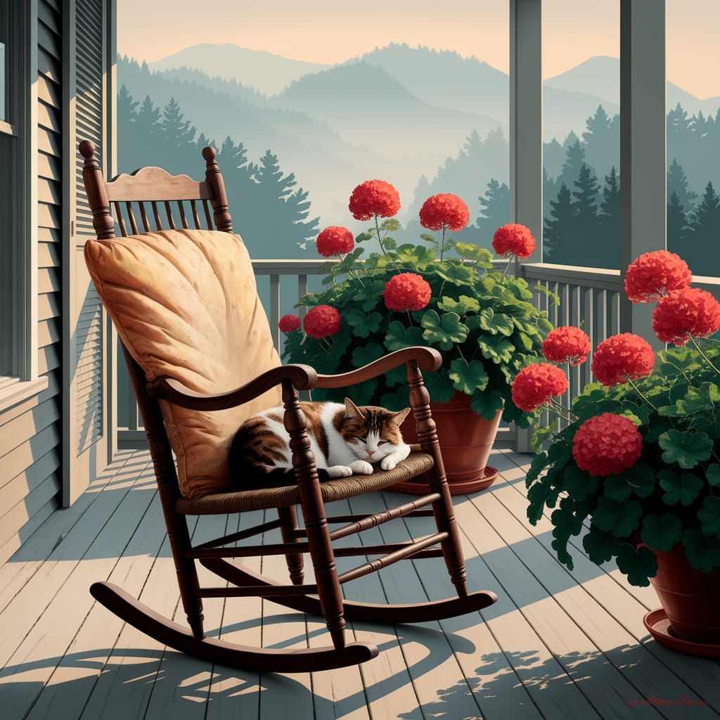 water colour alcohol ink wash; worn-in vintage rocking chair on porch; faded cushion on chair seat; cat ...  by @Hillary the Happy Hippo