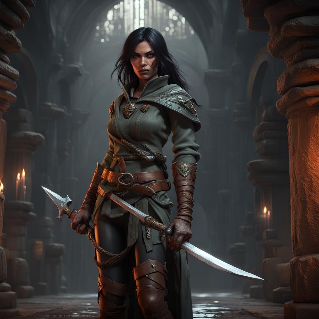 female ranger, elf shadar kai with a rusty dagger, dark robes, black ...