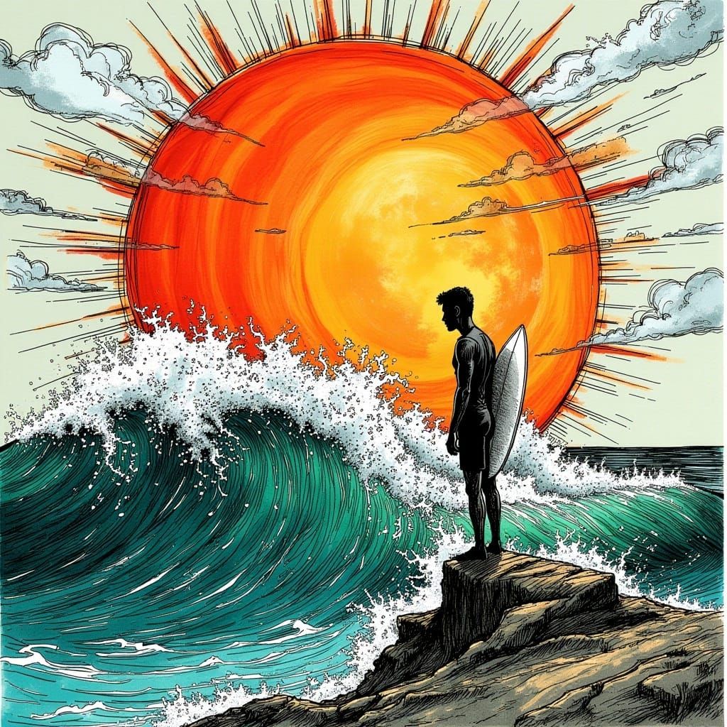 <lora:FolkDrawFlux:1.0> A surfer standing on the edge of an ocean wave, with planet earth and sun in the background, detailed ink drawing in...