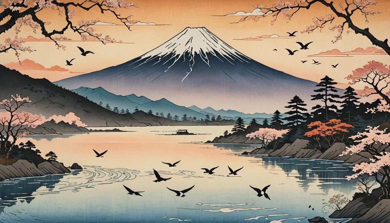 Capture a breathtaking Ukiyo-e landscape of Mount Fuji in the early morning, with the mountain bathed ...  by @daranee Sae-Tang