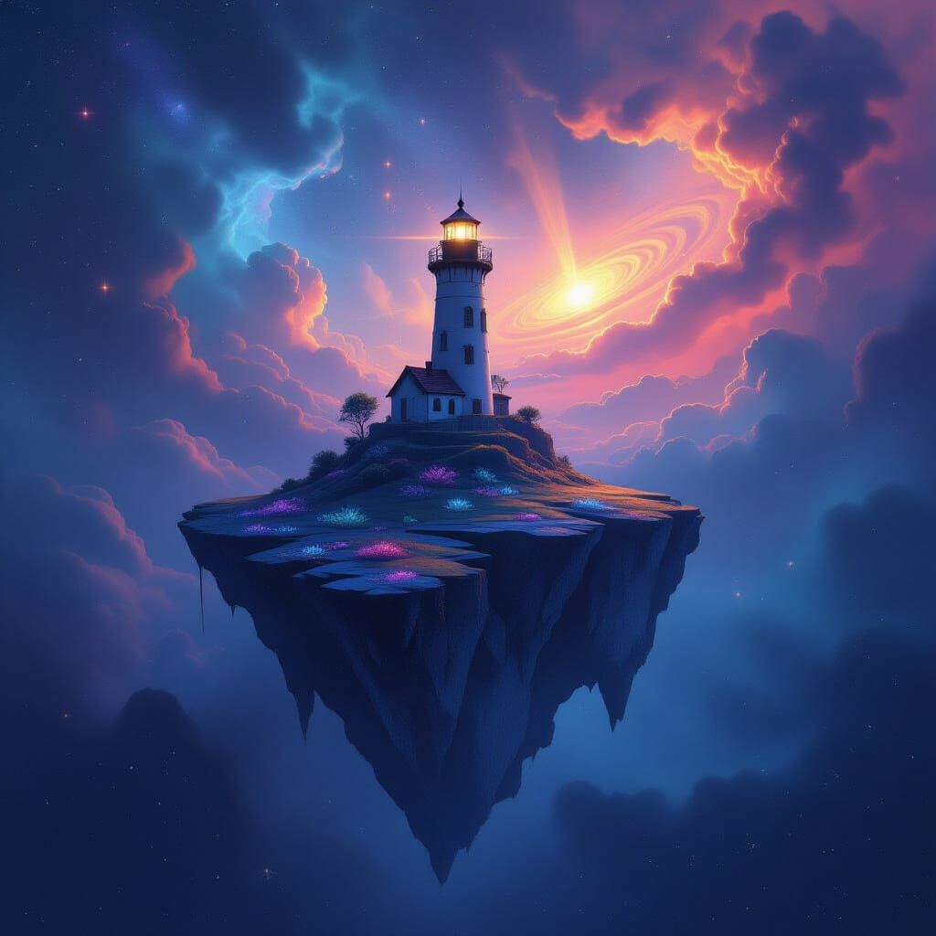 A solitary lighthouse perched precariously on a jagged, floating island amidst a swirling nebula of cosmic dust and starlight. Strange, biol...