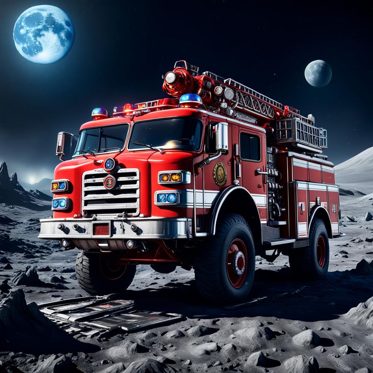 Hook and ladder fire truck on the moon AI Generated Artwork