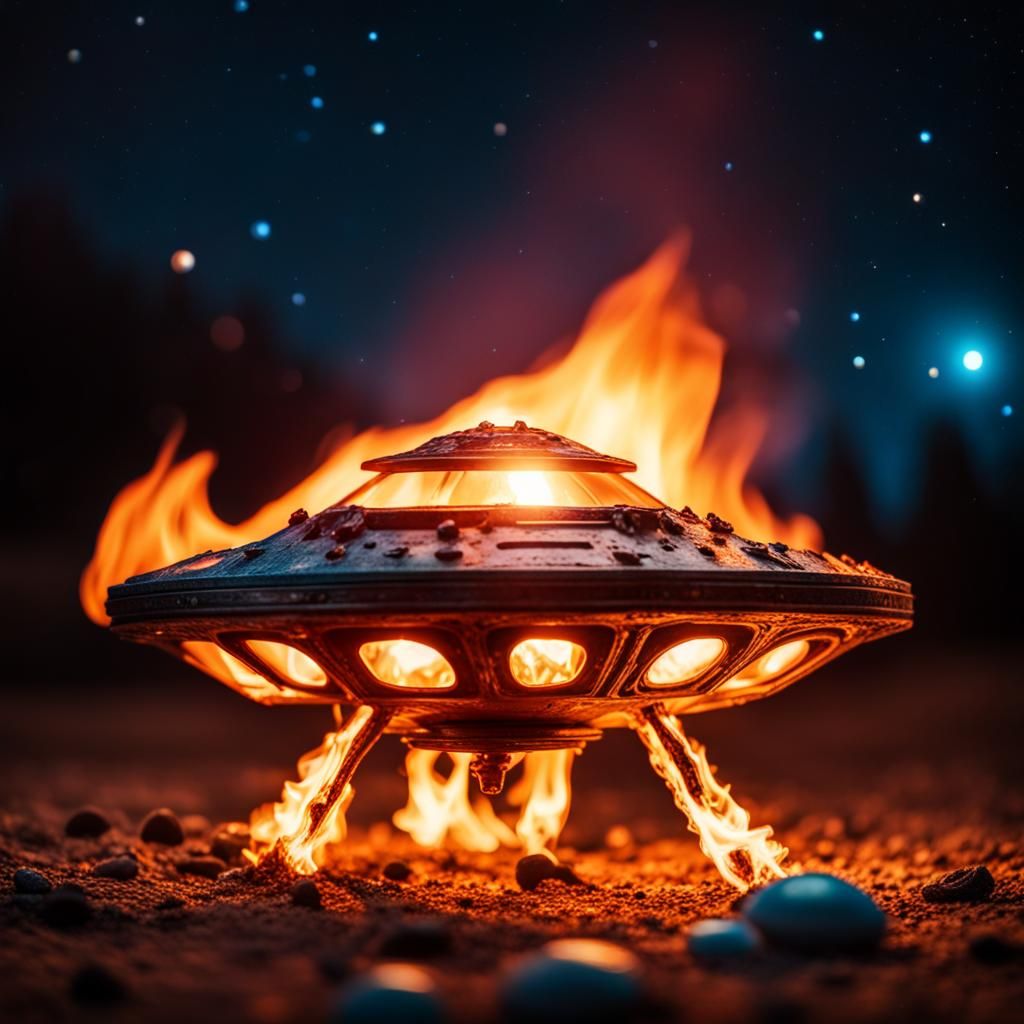 Photograph, Macro, a burning miniature alien spaceship on fire big ...