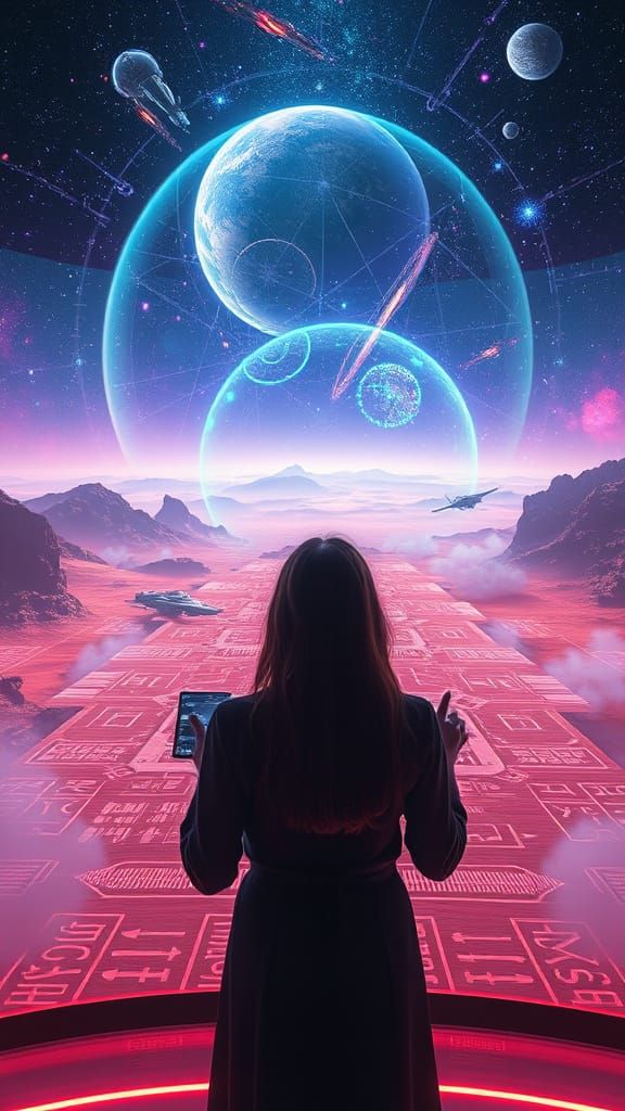 holographic 
interfaces, volumetric schemes, 
alien landscape
on a huge screen
hieroglyphs, runes on the screen, starships, planets, galaxie...