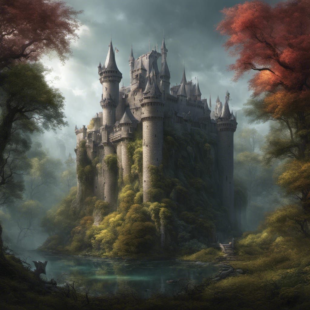 Massive castle with the colours of the forest around it, def...