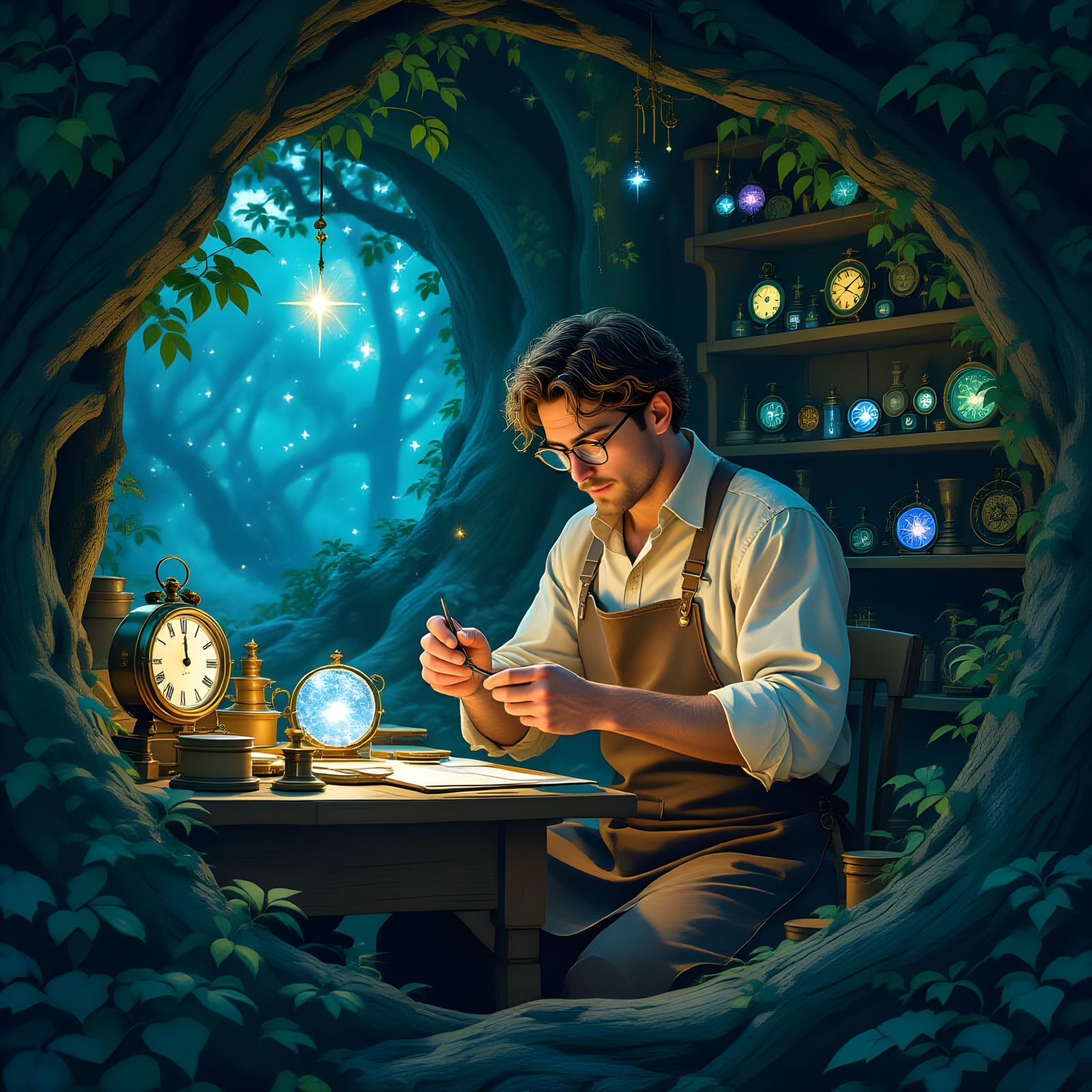 Clockmaker in Hidden Grove Workshop with Spirits