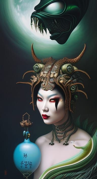 Full color portrait of an Asian Macabre Alien:: by HR Giger,...