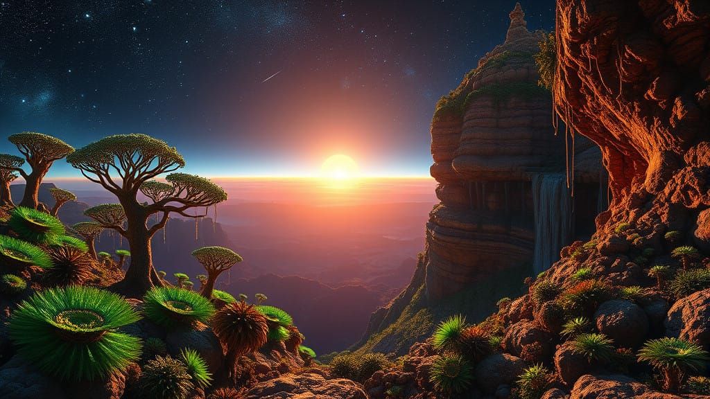 Planetary ecosystem where plant formations follow the principles of Lindenmayer systems, organic structures reminiscent of mathematical dent...