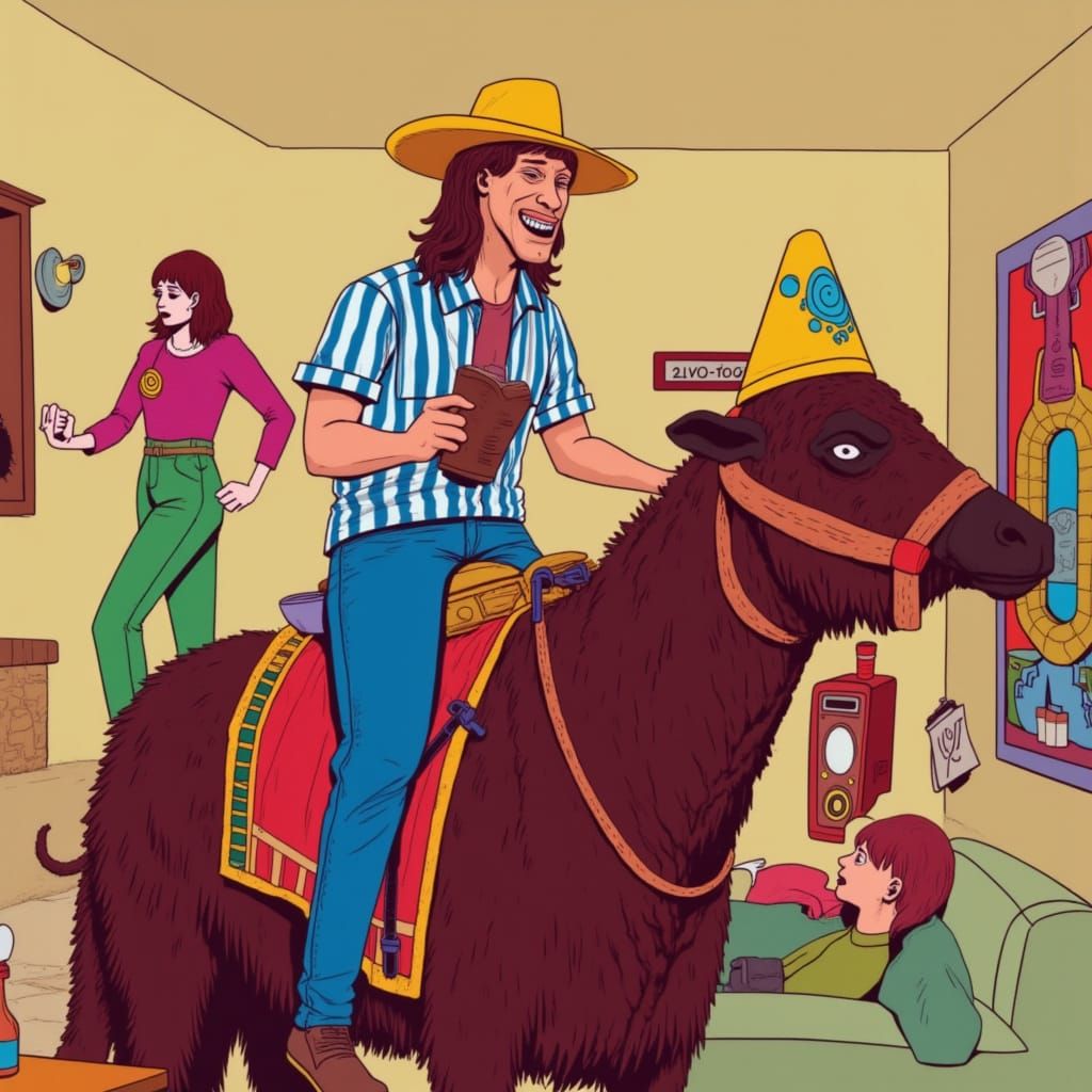 <lora:Pasta Chef Llama:1.0>   A man in a blue, white, and red striped shirt and blue jeans sits on a brown cow wearing a bright yellow party...