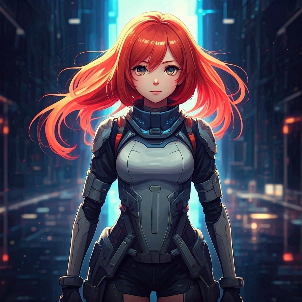 Futuristic Heroine in Sci-Fi Cityscape, Cel-Shaded Style