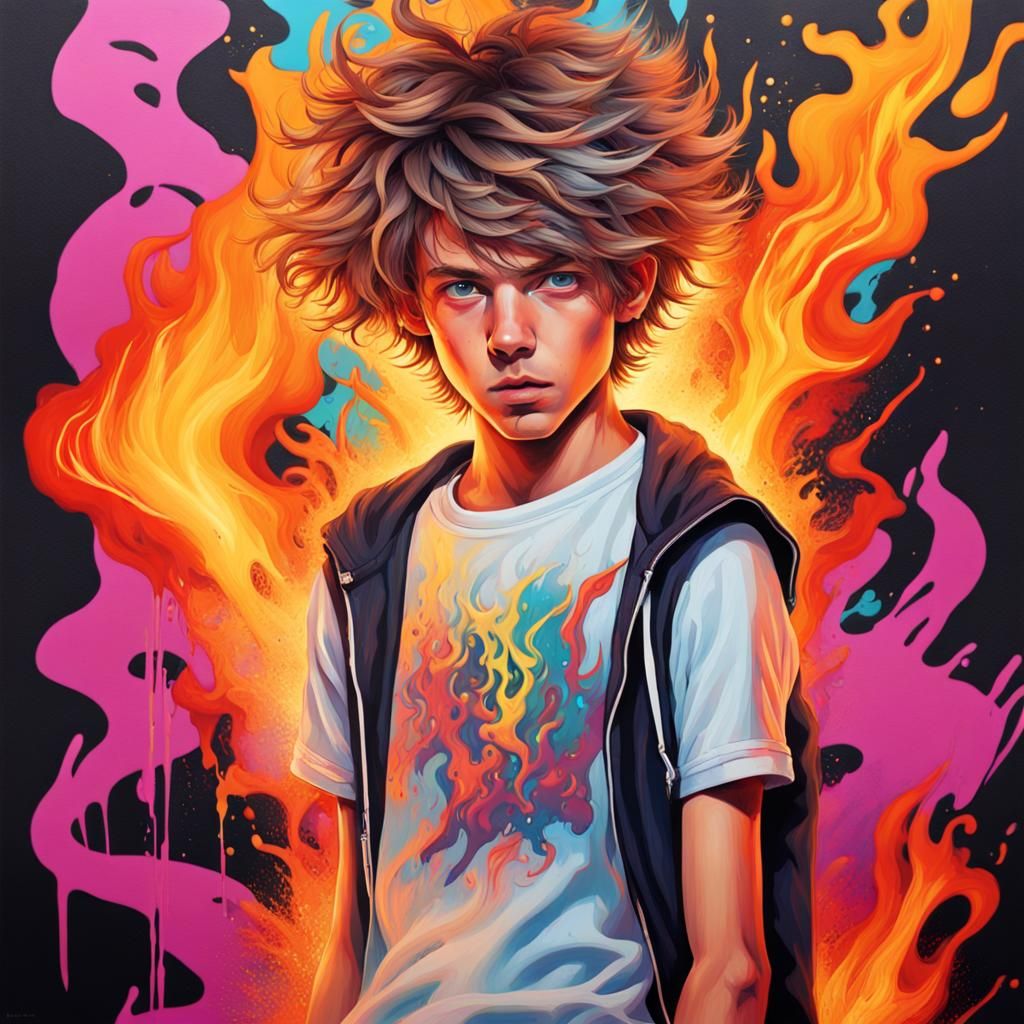 1980s fantasy teenage boy with hair made out of flames, skater boy ...