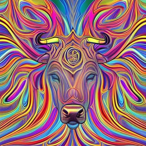 Rainbow magic dripping and swirling off of the horns of a hu...