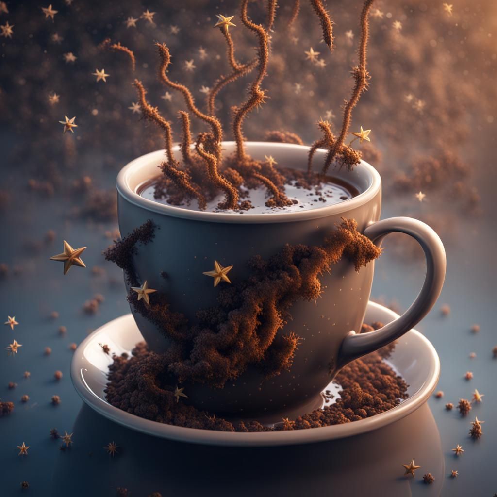 stars in a coffee cup sitting on a cloud with thick caterpil...