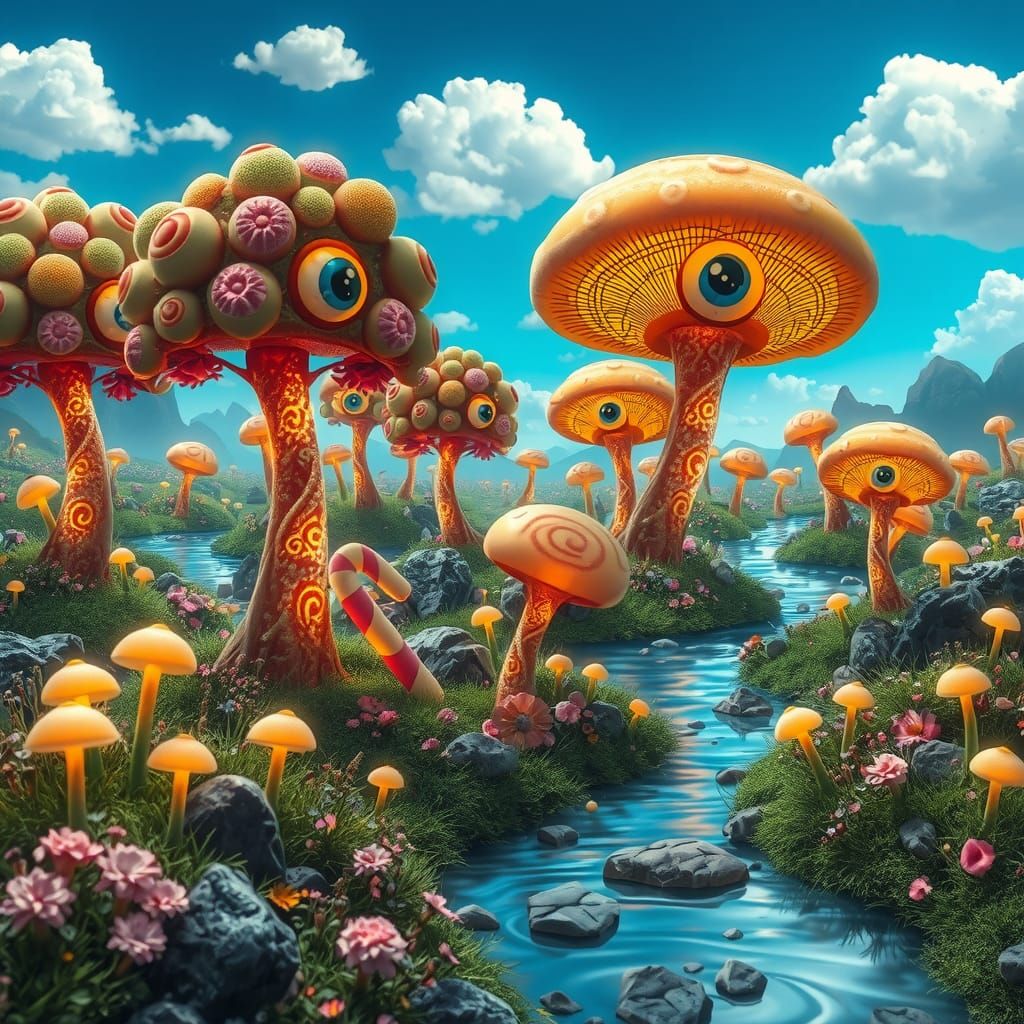 A whimsical alien field, teeming with vibrant, iridescent flora, where trees bear large, expressive eyes reminiscent of the Super Mario worl...