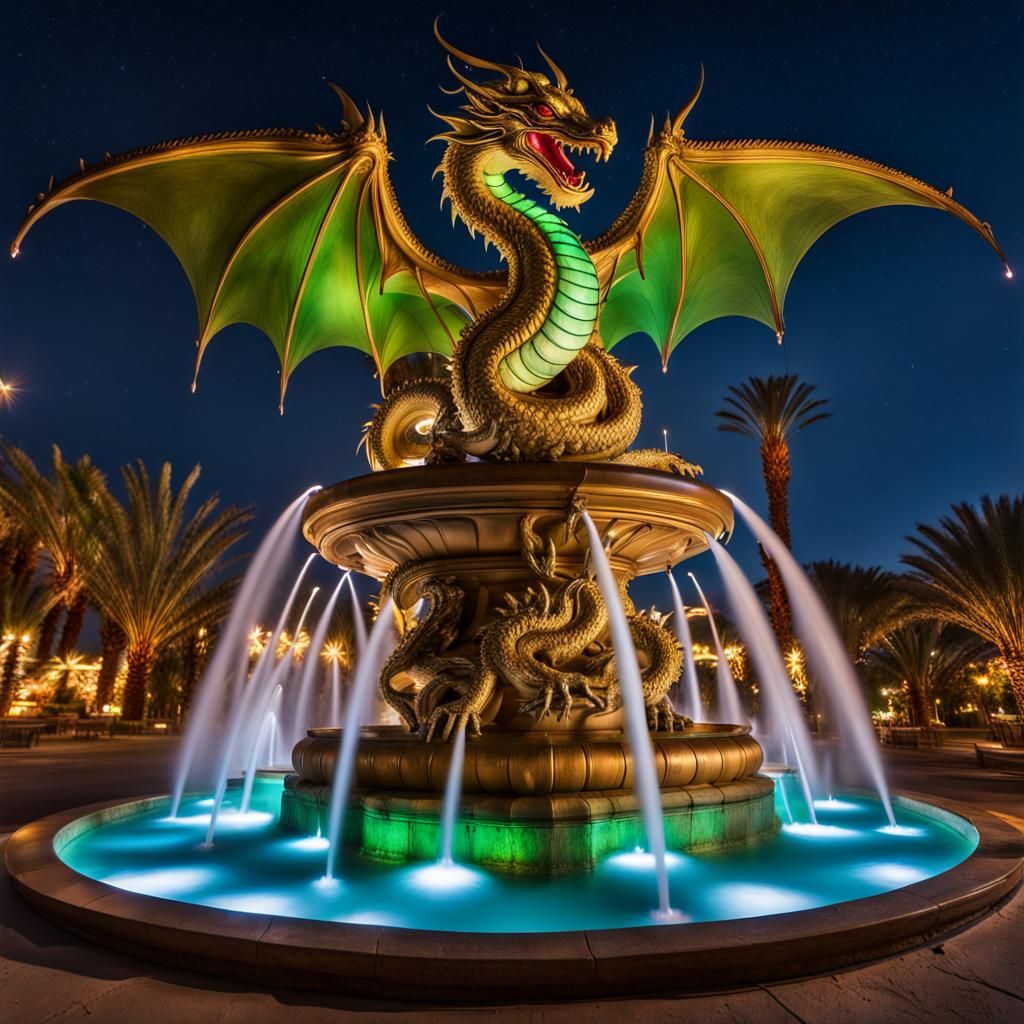 Water fountain with a green and golden dragon  by @Eto Demerzel