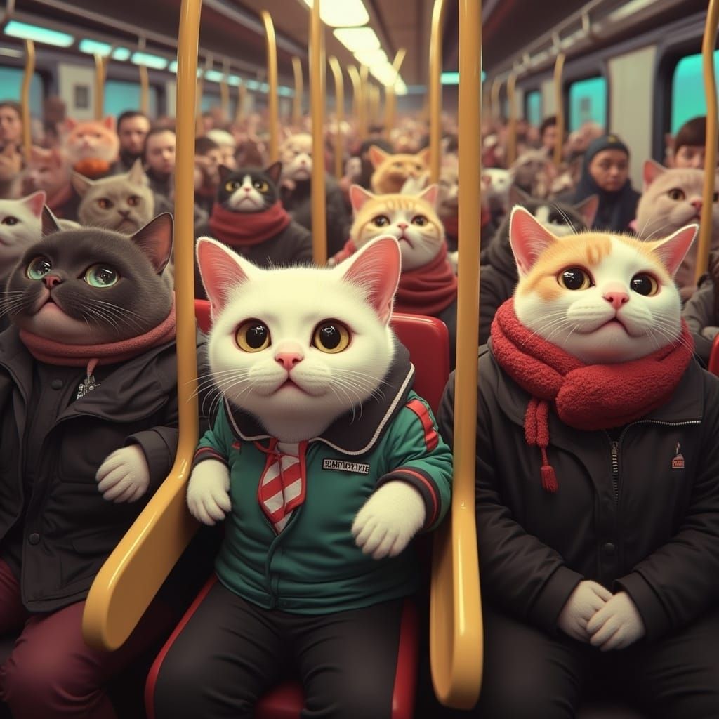 <lora:Cats on Rails:0.7> Anthropomorphic cats on a crowded train