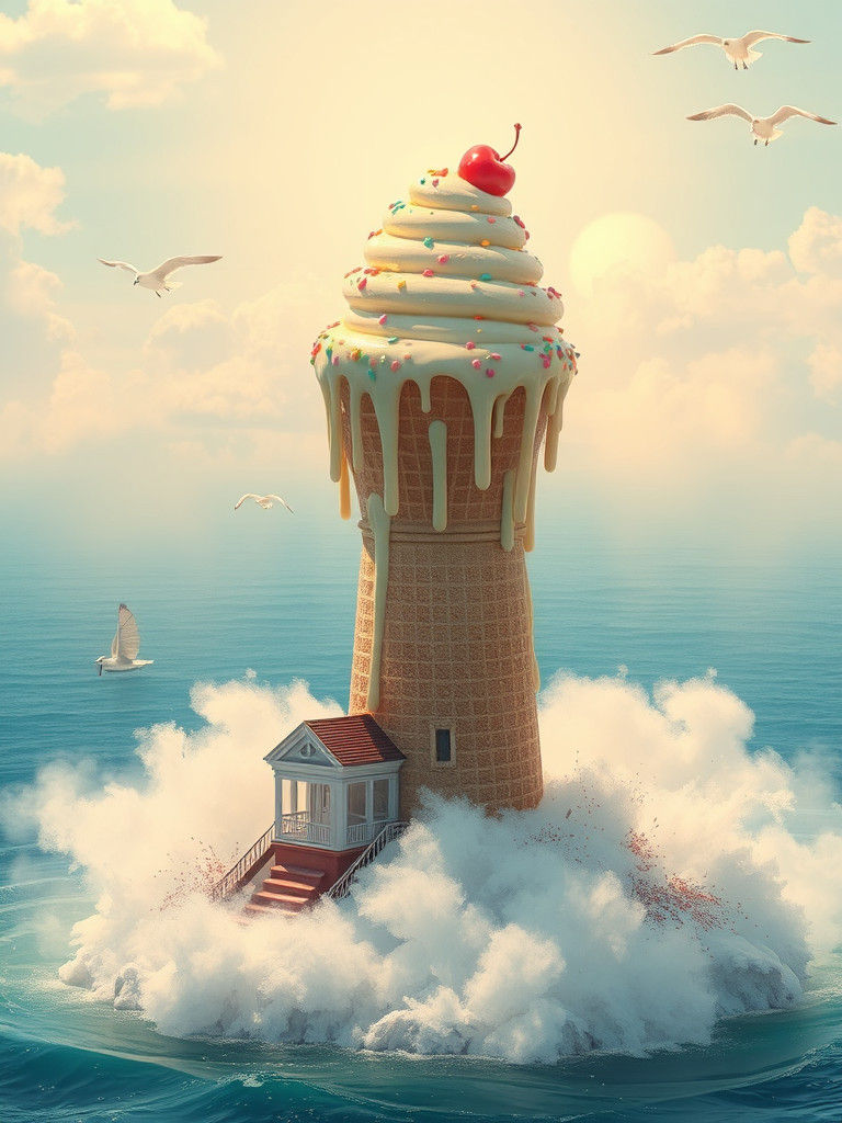 A colossal, dripping ice cream cone, its colorful layers melting in gooey rivulets, sits atop a picturesque ...  by @Ima