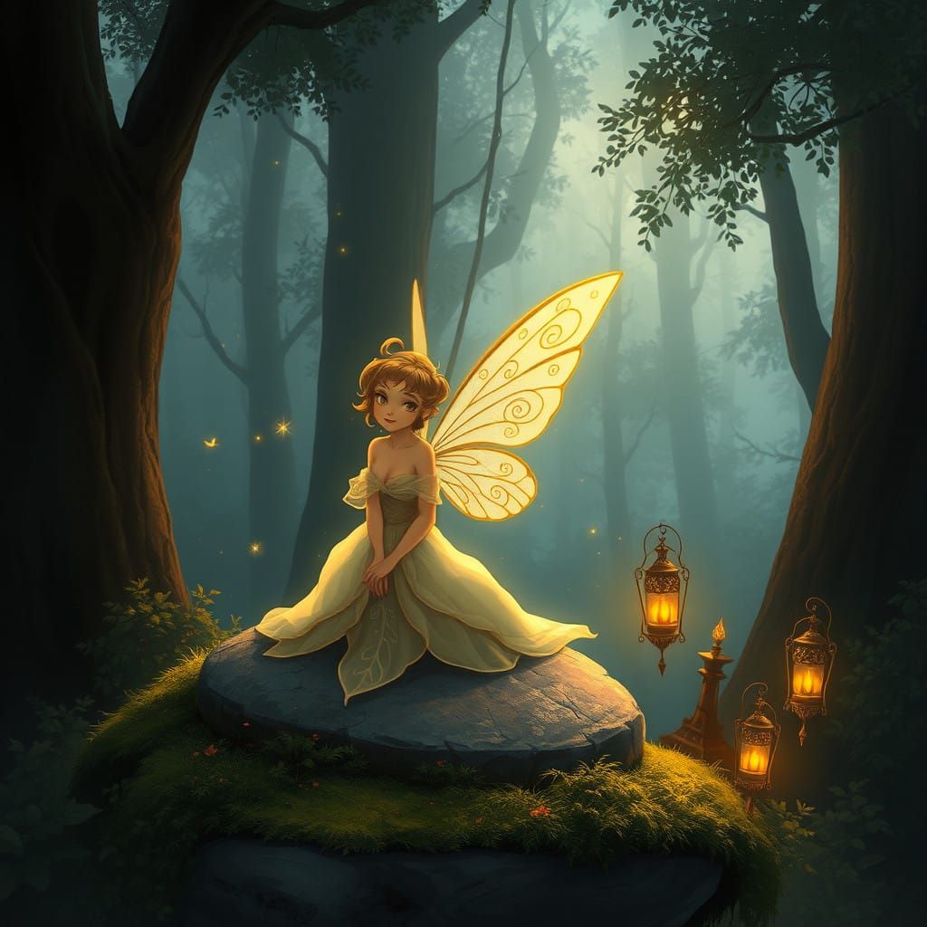 A fairy sits on a stone in the forest. Art: Jasmine Becket-Griffith, The wings glow, it is half dark. Glittering sparks under a shimmering g...