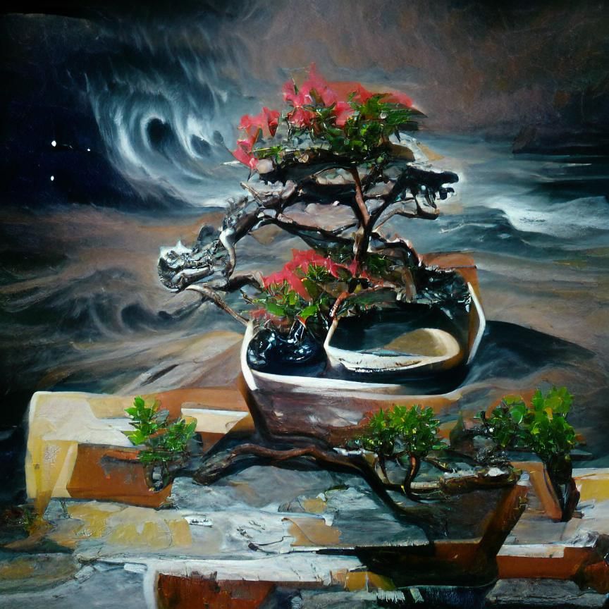 Bonsai at midnight. Oil Painting