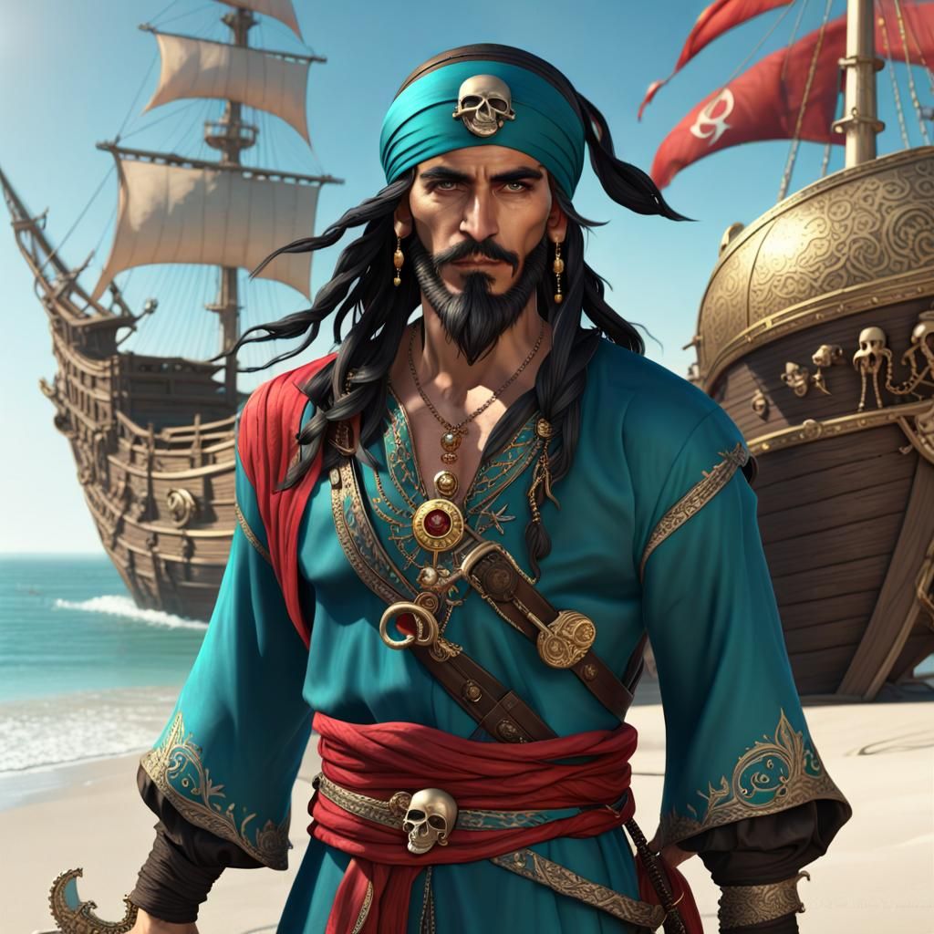 Turkish Pirate with Sword on Sandy Beach