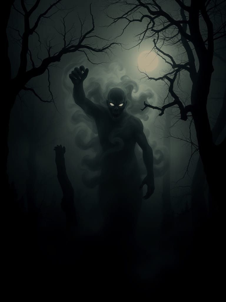 A dark, fog-covered forest at night, thick mist swirling between old, gnarled trees